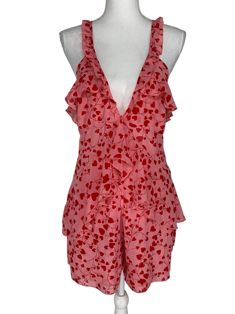 NASTY GAL / Pink & Red Heart Ruffle Romper / Size 8 / New Without Tags / Fairy - Picture 1 of 10